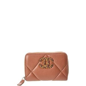 Chanel Brown Quilted Lambskin Leather Zip Around Coin Purse Wallet